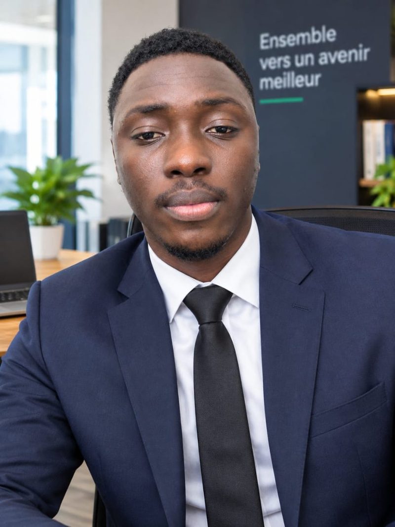 ABALO Joseph en costume bleu marine et cravate noire, dans un bureau